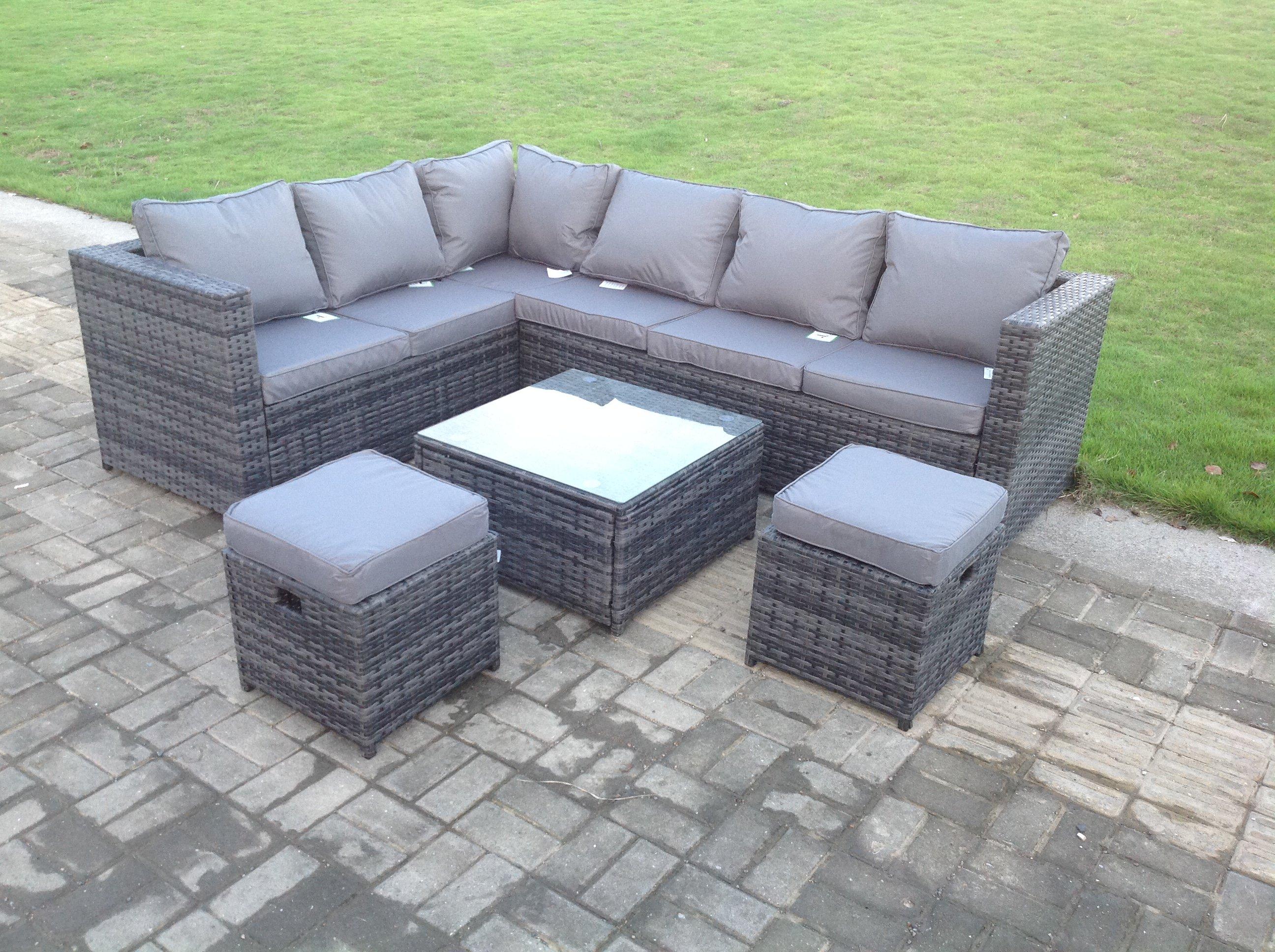 8 Seater Rattan Corner Sofa Set With Square Coffee Table Footstools